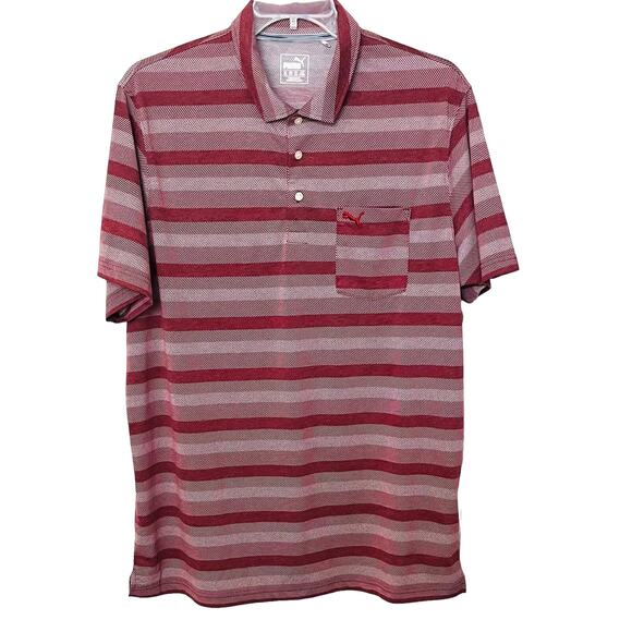 PUMA SHORT SLEEVE GOLF POLO, MENS, XXL, CRANBERRY & WHITE STRIPES, FRONT POCKET - Picture 1 of 12